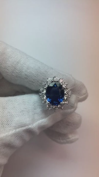 Oval Diamond Engagement Ring Halo Ceylon Sapphire 6 Carat Flower Style