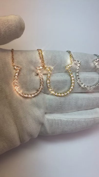 2.5 Ct Round Cut Natural Earth Mined Diamonds Horseshoe Pendant Necklace14K White Gold