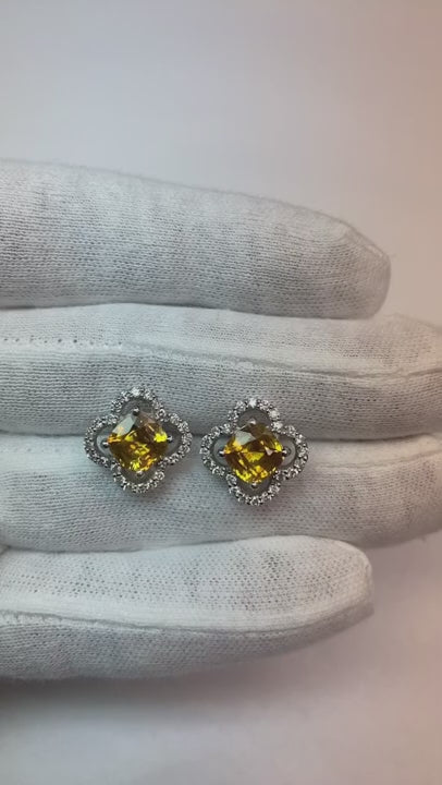 Clover Leaf Style Yellow Sapphire and Natural Earth Mined Diamond Earrings 7.75 Carats