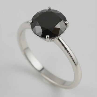 Round Black Diamond Solitaire Ring Natural 14K White Gold