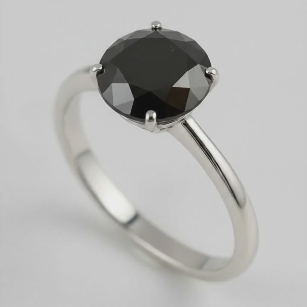 Round Black Diamond Solitaire Ring Natural 14K White Gold