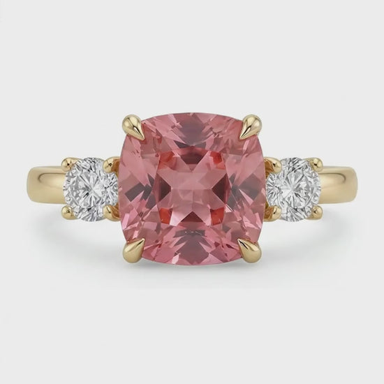 Cushion Lab Grown Padparadscha and Lab Grown Diamond Three Stone Ring 14K Yellow Gold