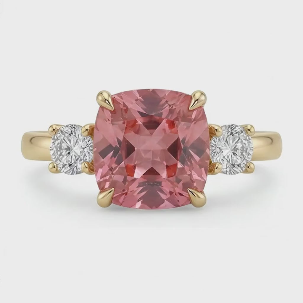 Cushion Lab Grown Padparadscha and Lab Grown Diamond Three Stone Ring 14K Yellow Gold