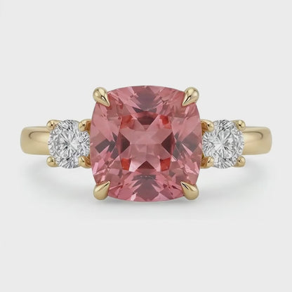 Cushion Lab Grown Padparadscha and Lab Grown Diamond Three Stone Ring 14K Yellow Gold
