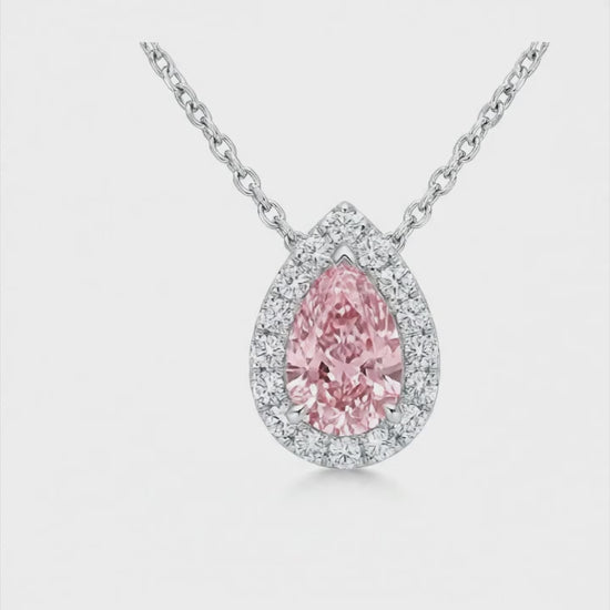 2 Carat Pear Pink Lab Grown Diamond and White Diamond Halo Pendant 14K White Gold