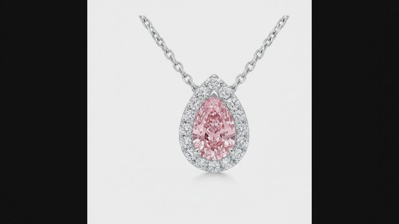 2 Carat Pear Pink Lab Grown Diamond and White Diamond Halo Pendant 14K White Gold