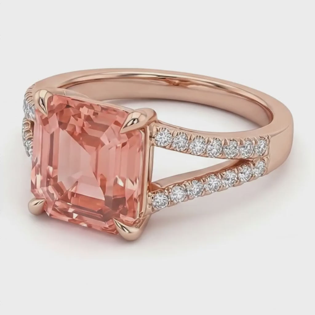 Emerald Lab Grown Padparadscha and Lab Grown Diamond Pave Ring 14K Rose Gold