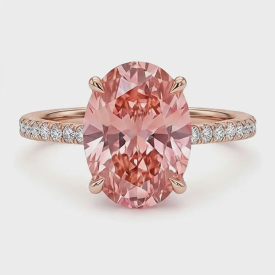 Oval Lab Grown Padparadscha and Lab Grown Diamond Pave Ring 14K Rose Gold