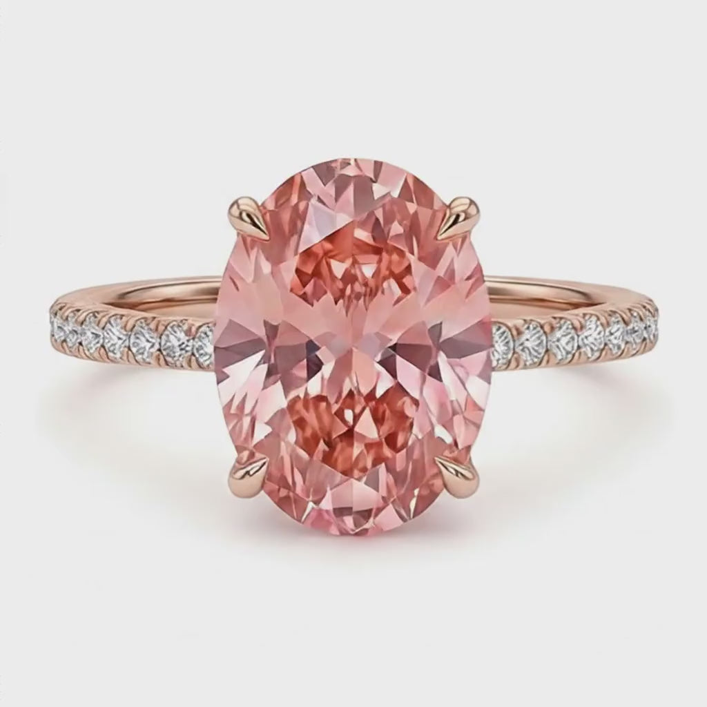 Oval Lab Grown Padparadscha and Lab Grown Diamond Pave Ring 14K Rose Gold