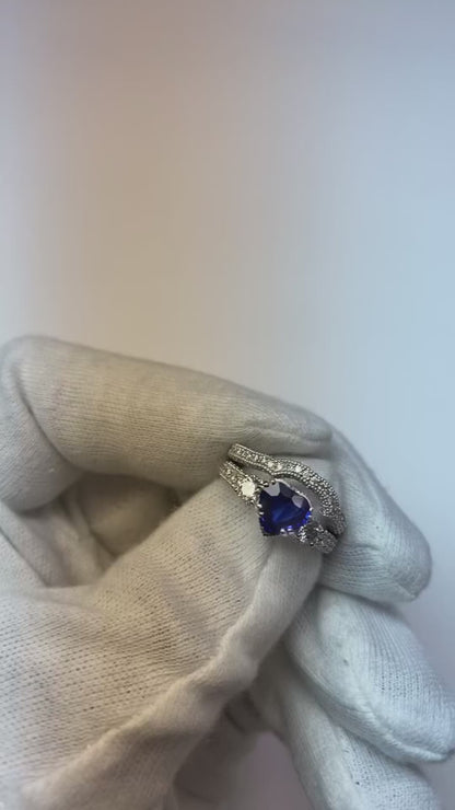 Natural Earth Mined Diamond Wedding Ring Set Heart Blue Sapphire Antique Style 3.50 Carats