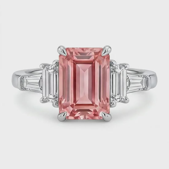 Emerald Padparadscha and White Diamond Three Stone Ring Natural 14K White Gold