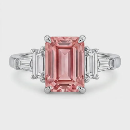 Emerald Padparadscha and White Diamond Three Stone Ring Natural 14K White Gold