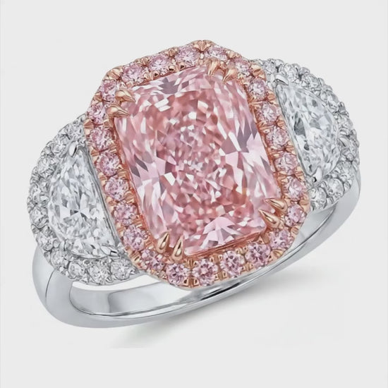 5.5 Carat Radiant Pink Lab Grown Diamond and White Diamond Halo Ring 14K White Gold