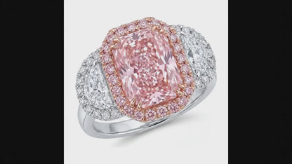 5.5 Carat Radiant Pink Lab Grown Diamond and White Diamond Halo Ring 14K White Gold