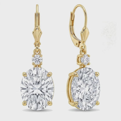 White Diamond Drop Earrings 3 Carat Lab Grown Oval Leverback 14K Yellow Gold