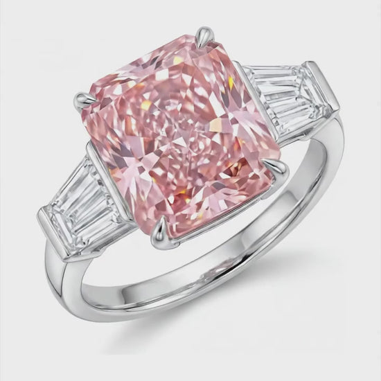 6 Carat Radiant Pink Lab Grown Diamond and White Diamond Three Stone Ring 14K White Gold