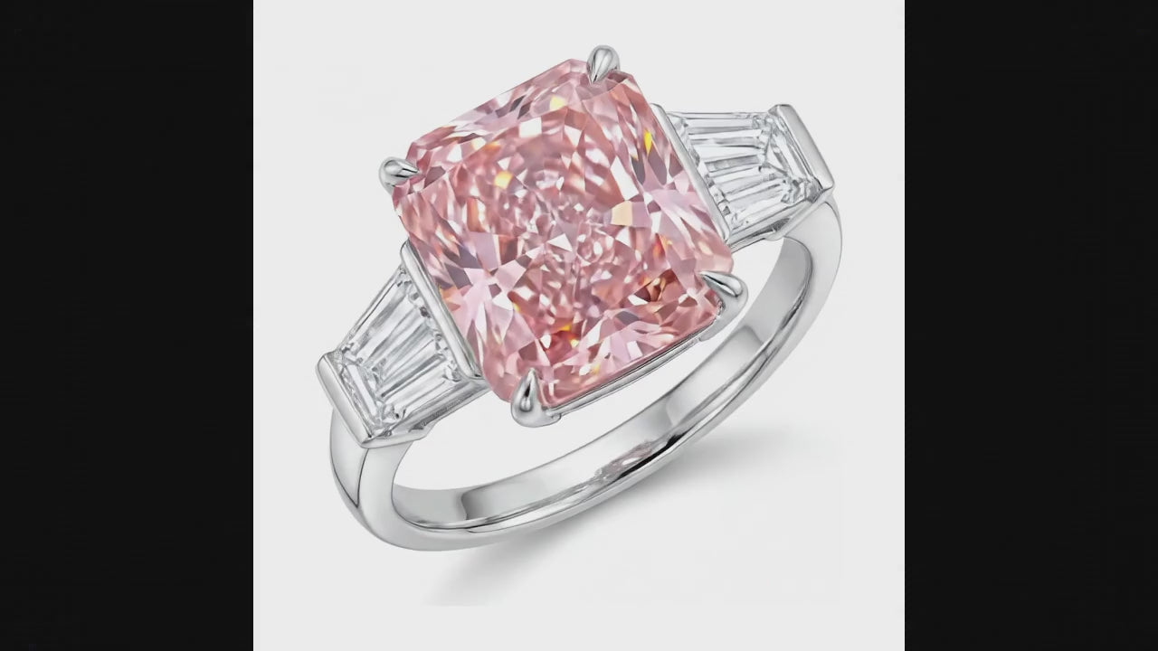6 Carat Radiant Pink Lab Grown Diamond and White Diamond Three Stone Ring 14K White Gold