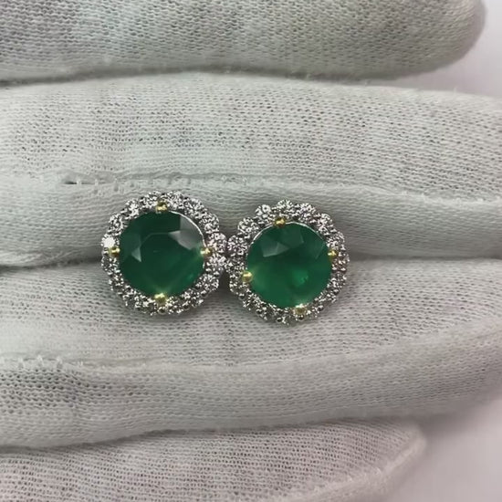 Round Green Emerald With Diamonds Stud Earring
