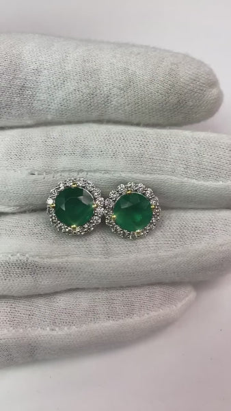 Round Green Emerald With Diamonds Stud Earring