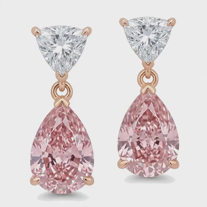 Pink Diamond Drop Earrings 4.5 Carat Lab Grown Pear Trilliant Tops 14K Rose White Gold Two Tone