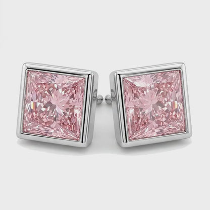 Pink Diamond Stud Earrings 3 Carat Lab Grown Princess Bezel 14K White Gold