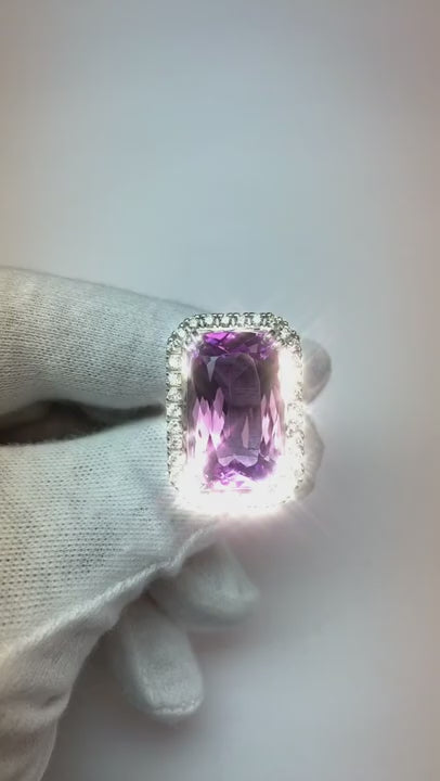 34.50 Ct Cushion Kunzite With Round Natural Earth Mined Diamonds Ring White Gold 14K