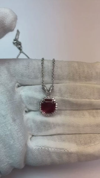 Ladies Round Diamond Halo Gemstone Pendant Asscher Cut Ruby 12 Carats