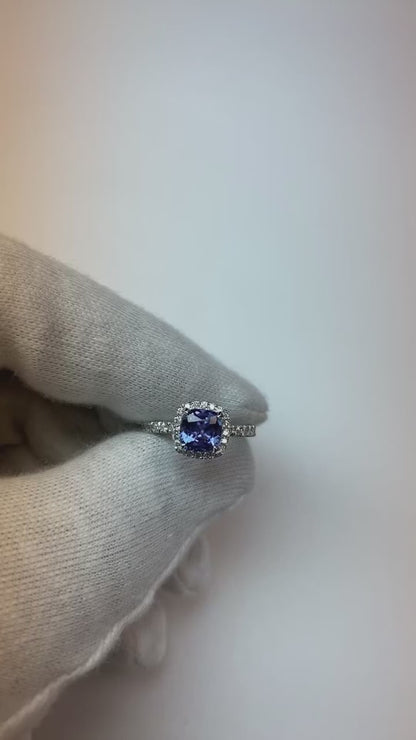 Cushion Shape 2.25 Carats Tanzanite With Natural Earth Mined Diamond Wedding Ring Jewelry