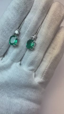 6.80 Ct Green Emerald With Natural Earth Mined Diamond Dangle Earrings 14K White Gold