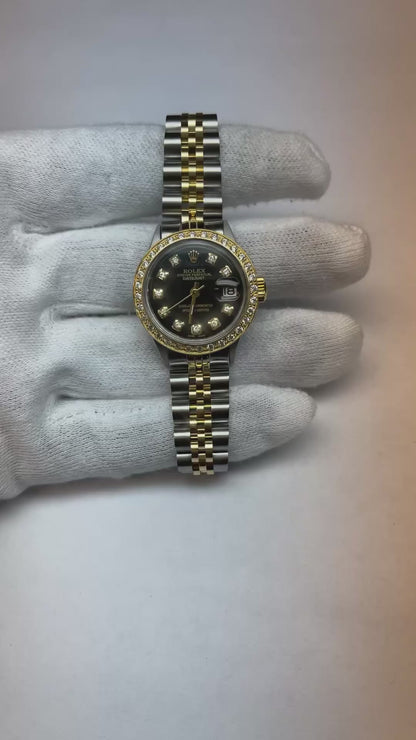 Black Diamond Dial Ss & Gold Bracelet Datejust Ladies Rolex Watch