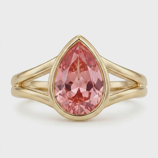 Pear Padparadscha Bezel Solitaire Ring Natural 14K Yellow Gold