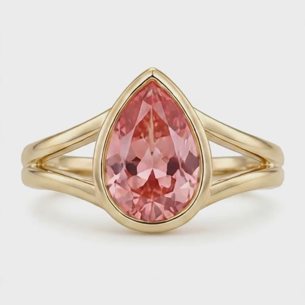 Pear Padparadscha Bezel Solitaire Ring Natural 14K Yellow Gold