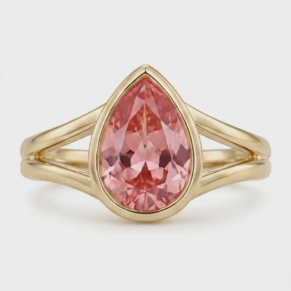 Pear Padparadscha Bezel Solitaire Ring Natural 14K Yellow Gold