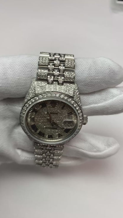 Rolex Iced Out Diamond 12 Carat 36mm Roman Dial Stainless Steel Watch