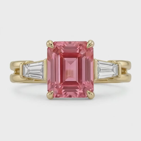 Emerald Padparadscha and White Diamond Three Stone Ring Natural 14K Yellow Gold