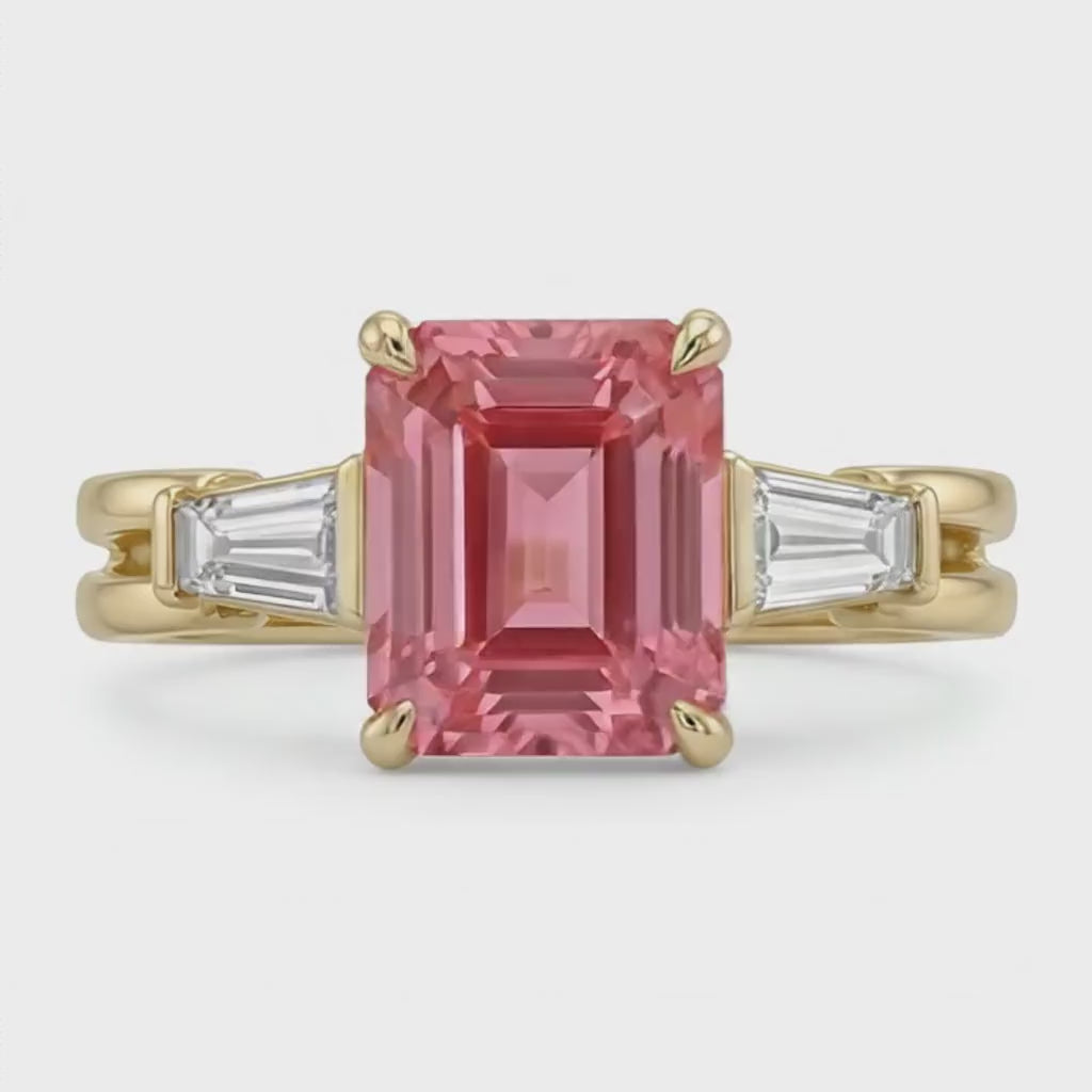 Emerald Padparadscha and White Diamond Three Stone Ring Natural 14K Yellow Gold