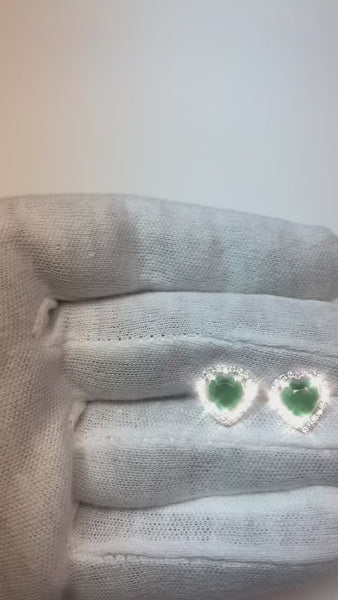 3.80 Carats Heart Cut Green Emerald With Round Diamond Stud Earrings