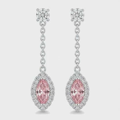 Pink Diamond Drop Earrings 2.5 Carat Lab Grown Marquise Halo Long Dangle 14K White Gold