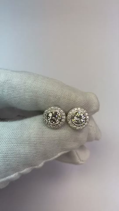 2.72 Carats Round Cut Natural Earth Mined Diamond Halo Lady Stud Earrings Gold White 14K