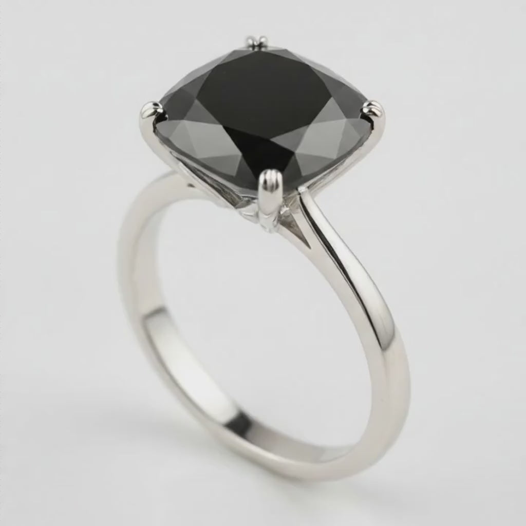 6 Carat Cushion Black Diamond Solitaire Ring Natural 14K White Gold