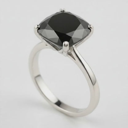 6 Carat Cushion Black Diamond Solitaire Ring Natural 14K White Gold