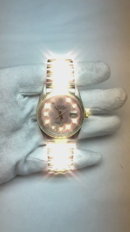 Rolex Datejust 36 mm Pink Mother of Pearl Diamond Dial Two Tone Watch