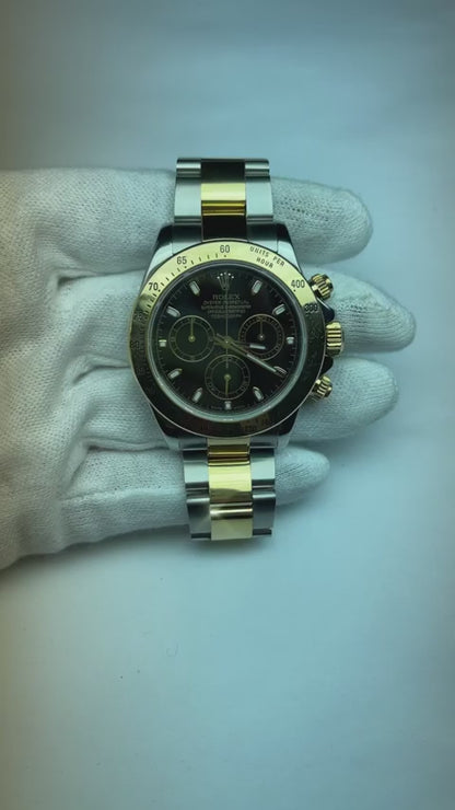 Rolex Daytona Chronograph Black Dial Steel Yellow Gold Two Tone Watch