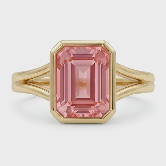 Emerald Padparadscha Bezel Solitaire Ring Natural 14K Yellow Gold