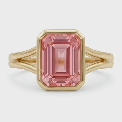 Emerald Padparadscha Bezel Solitaire Ring Natural 14K Yellow Gold