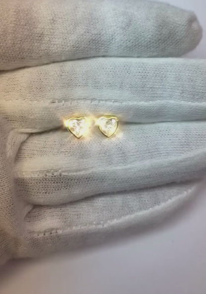 Earth Mined Diamond Heart Stud Earrings Bezel Set Yellow Gold