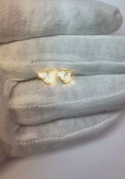 Earth Mined Diamond Heart Stud Earrings Bezel Set Yellow Gold