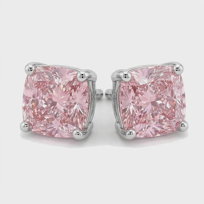 Pink Diamond Stud Earrings 4 Carat Lab Grown Cushion 14K White Gold