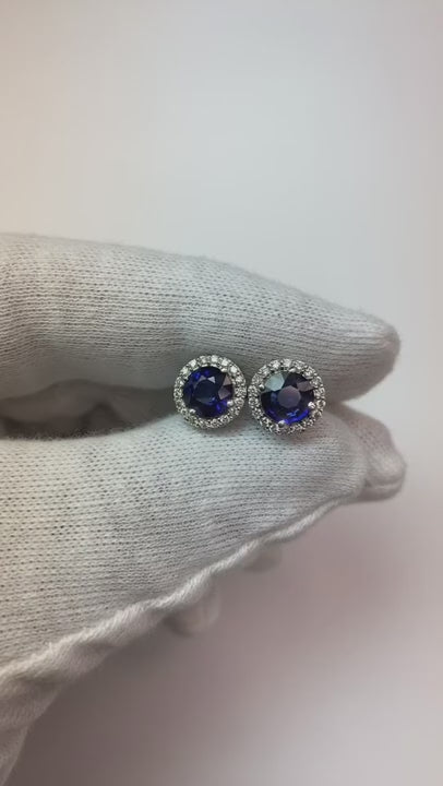 Round Ceylon Sapphire Stud Earring Halo Natural Earth Mined Diamond Gold 2.30 Ct