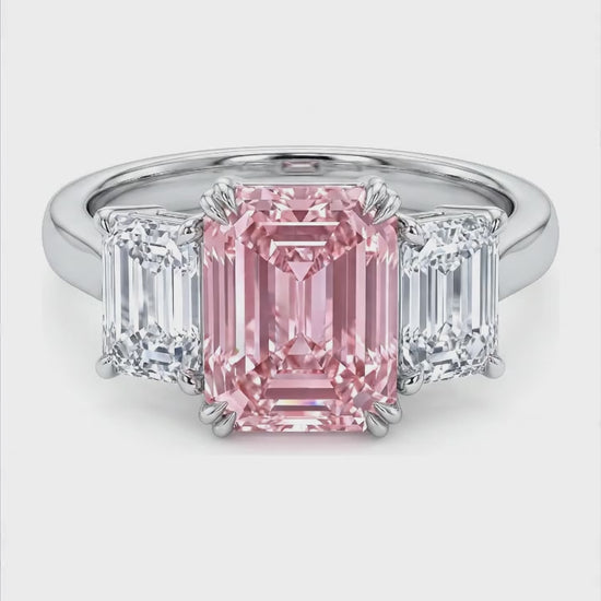 2.75 Carat Emerald Pink Lab Grown Diamond and White Diamond Three Stone Ring 14K White Gold